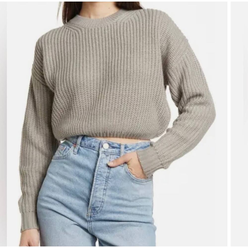 ELODIE GREY CHUNKY KNIT CROPPED CREW NECK SWEATER - XS